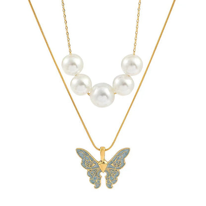 Butterfly Necklace Pearl Double Strand