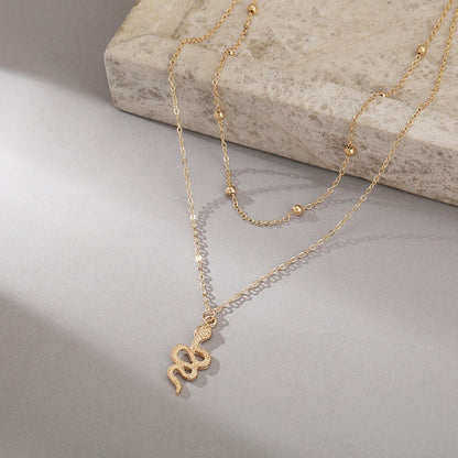 Snake Pendant Necklace Ins Personality Alloy Bead Chain Double Clavicle Chain Women's Sweater Chain