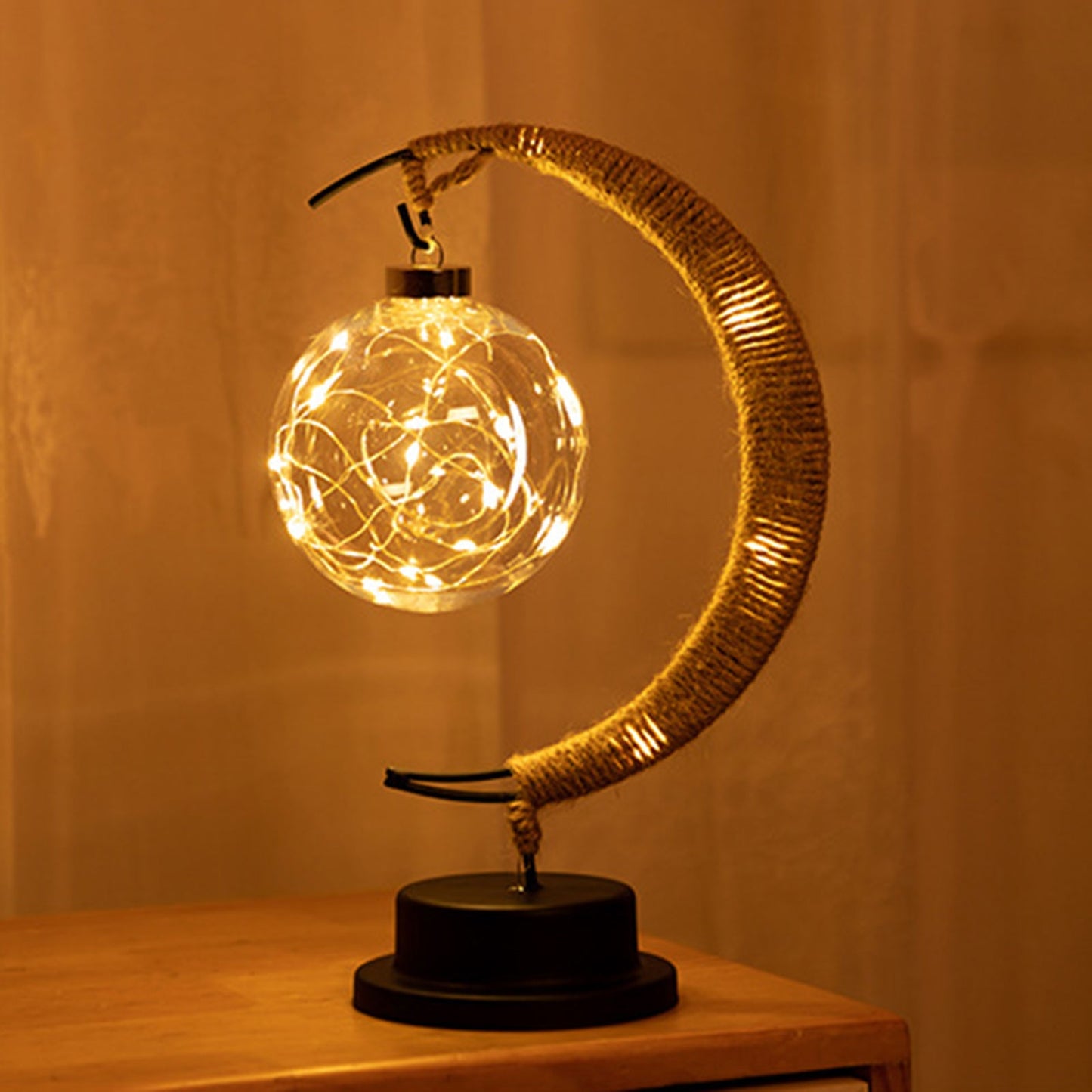 USB LED Moon Sepak Takraw Lamp Line Rattan Handmade Hemp Rope Wrought Iron Night Light Home Decoration Sleeping Lantern Light