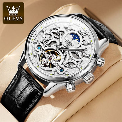 OLEVS Mechanical Watches for Men Skeleton Automatic Moon Phase Men's Business Wristwatch Waterproof Moonswatch Christmas Gifts