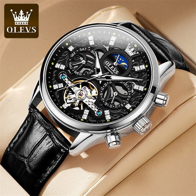 OLEVS Mechanical Watches for Men Skeleton Automatic Moon Phase Men's Business Wristwatch Waterproof Moonswatch Christmas Gifts