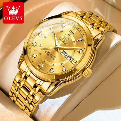 OLEVS Watch for Men Luxury Wristwatch Stainless Steel Gold Luminous Quartz Waterproof Watches