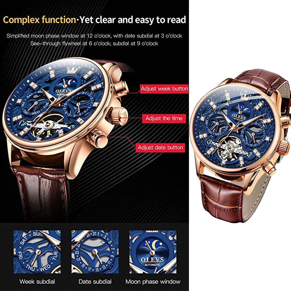 OLEVS Mechanical Watches for Men Skeleton Automatic Moon Phase Men's Business Wristwatch Waterproof Moonswatch Christmas Gifts