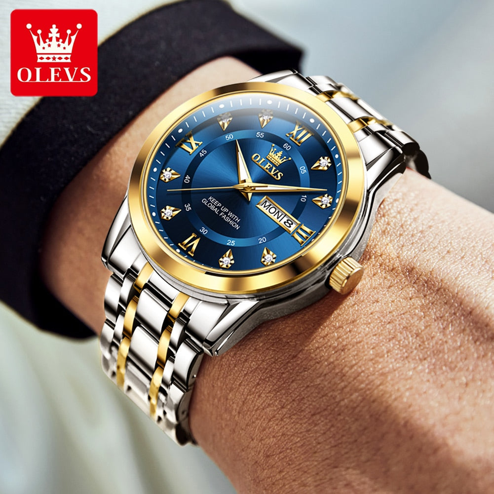 OLEVS Watch for Men Luxury Wristwatch Stainless Steel Gold Luminous Quartz Waterproof Watches