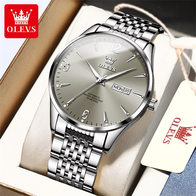 OLEVS Original Automatic Mechanical Watch for Men Stainless Steel Waterproof Auto Date Clock Minimalist Dial Mens Business Watch