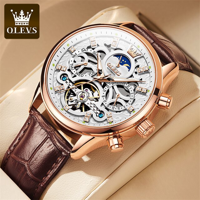 OLEVS Mechanical Watches for Men Skeleton Automatic Moon Phase Men's Business Wristwatch Waterproof Moonswatch Christmas Gifts