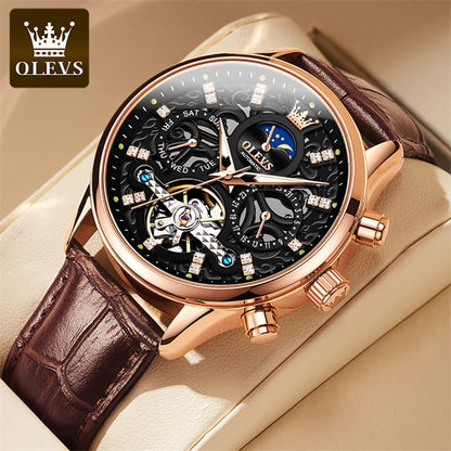 OLEVS Mechanical Watches for Men Skeleton Automatic Moon Phase Men's Business Wristwatch Waterproof Moonswatch Christmas Gifts