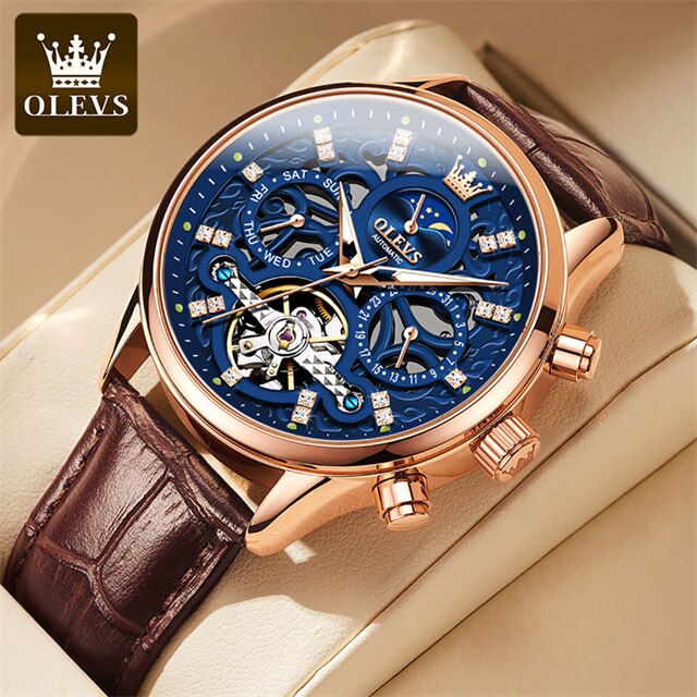 OLEVS Mechanical Watches for Men Skeleton Automatic Moon Phase Men's Business Wristwatch Waterproof Moonswatch Christmas Gifts