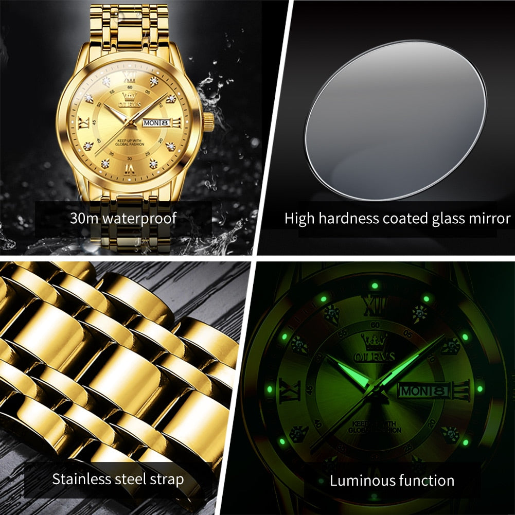 OLEVS Watch for Men Luxury Wristwatch Stainless Steel Gold Luminous Quartz Waterproof Watches