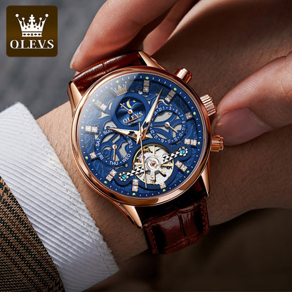 OLEVS Mechanical Watches for Men Skeleton Automatic Moon Phase Men's Business Wristwatch Waterproof Moonswatch Christmas Gifts