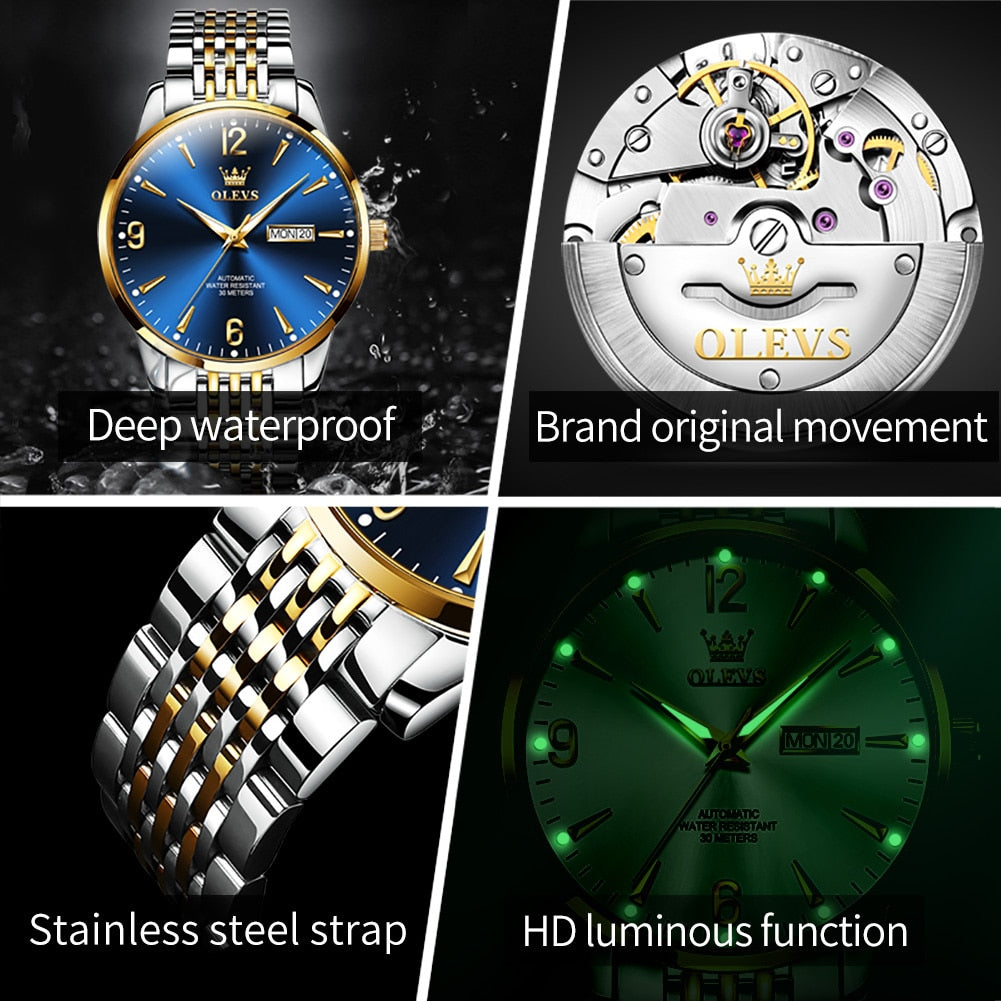 OLEVS Original Automatic Mechanical Watch for Men Stainless Steel Waterproof Auto Date Clock Minimalist Dial Mens Business Watch