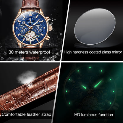 OLEVS Mechanical Watches for Men Skeleton Automatic Moon Phase Men's Business Wristwatch Waterproof Moonswatch Christmas Gifts