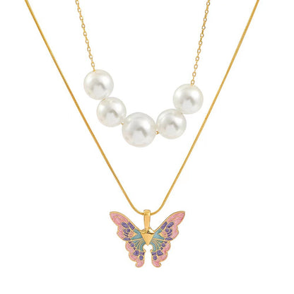 Butterfly Necklace Pearl Double Strand